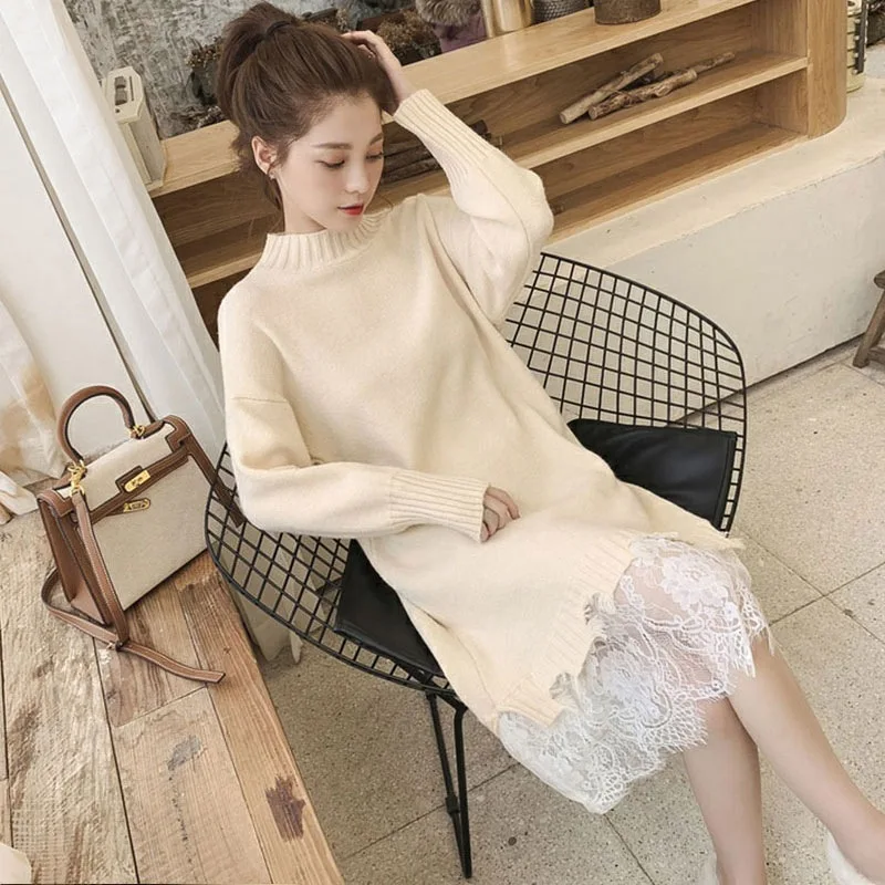

Base Sweater Women's Autumn and Winter New Style Online Celebrity Loose-Fit Mid-length over-the-Knee Students Lace Edge Western