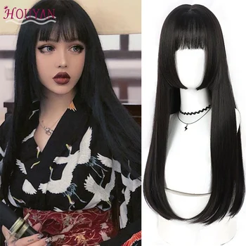 

HOUYAN Long straight hair and bangs connected together synthetic wig for female Ombre straight hair black princess cut brown Cos
