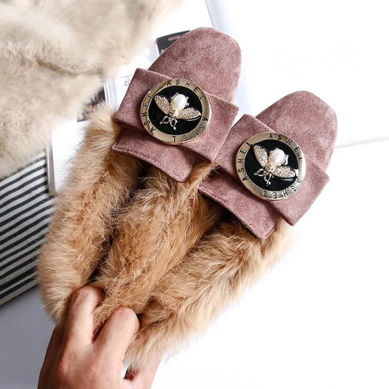 

Winter Luxury Shoes Women Designers Flock Metal Ladies Loafers Short Plush Inside Keep Warm Slip On Flat Shoes For Women