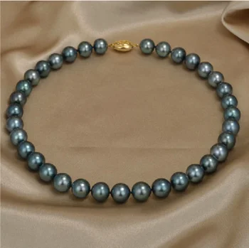 

HUGE NATURAL SOUTH SEA 9-10MM BLACK GREEN PEARL NECKLACE 18 INCH 925silver GOLD CLASP