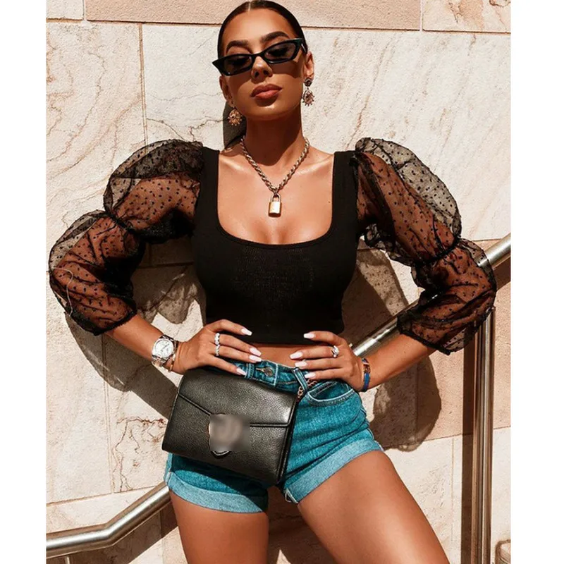 

2020 Spring Womens Shirts Crew Neck Off Shoulder Mesh See-through Long Sleeve Blouse Slim Solid Color Puff Sleeve Blouse Shein