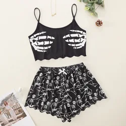 Women Summer Skeleton Skull Camisole Shorts Pajama Sets Female Sexy Sleevless Crop Vest+Elastic Waist Short Pants Sleepwear 2pcs