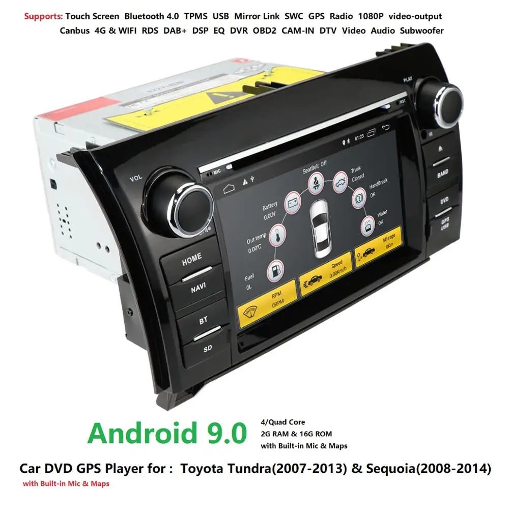 Discount 7inch 2 Din Quad Core Android 9.0 voiture DVD GPS forToyota toundra Sequoia 2008-2013 Radio stéréo 4G WiFi OBD DVR DAB + 1