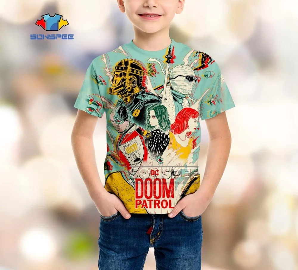 SONSPEE Doom Patrol Harajuku уличная одежда для мальчиков и девочек подростков модная футболка Аниме Повседневная мультфильм 3D печатных короткий рукав дети A532