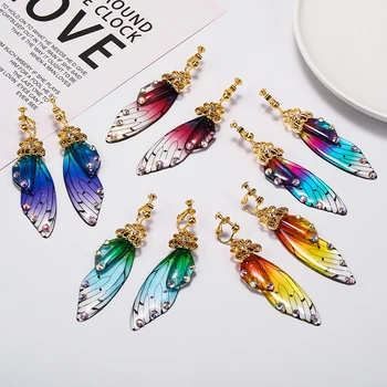 

Handmade Fairy Simulation Wing Clip on Earrings Insect Butterfly Wing Non Pierced Rhinestone Ear Clips Romantic Bridal Jewelry