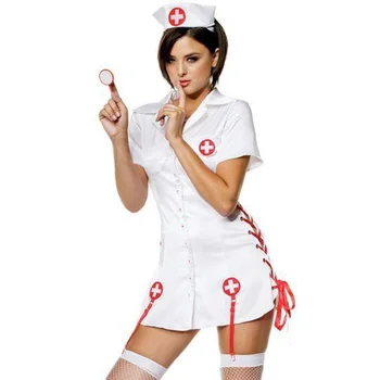 

Hot Sale Sexy White Nurse Halloween Costume Short Sleeve Mini Dress Side Lace-Up Nurse Dress Outfits W408891
