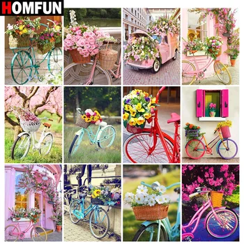 

HOMFUN Diamond Painting Full Square/Round Drill 5D DIY "Bicycle flower scenery" Daimond Embroidery Rhinestone Cross Stitch Decor