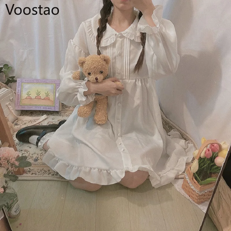 Japanese Sweet Lolita Dress White Angel Retro Peter Pan Collar Ruffles Long Sleeve Dress Girls Victorian Gothic Daily Dresses