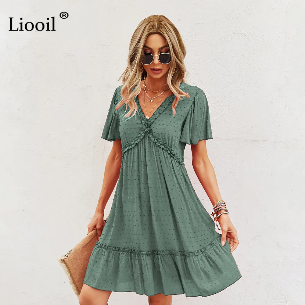 

Liooil Casual Ruffle Dress V Neck Flare Short Sleeve Dresses For Women Party Birthday Summer 2021 Elegant Green Blue Sundress