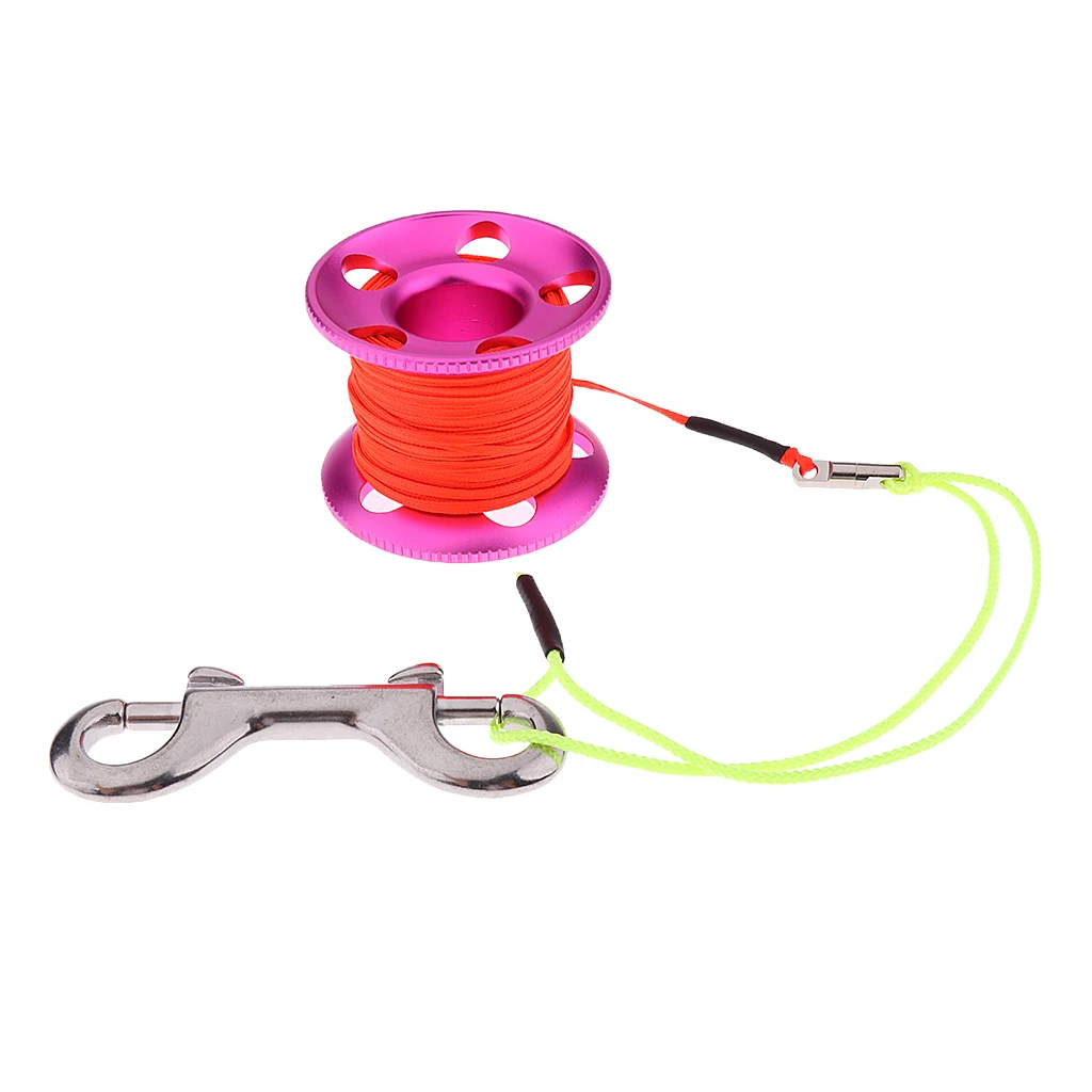 

30m/100ft Flat Nylon Line Scuba Diving Aluminum Alloy Spool Finger Reel with Stainless Steel Double Ended Bolt Snap
