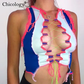

Chicology lace up patchwork sleeveless crop tank top bandage neon sexy festival fashion clothes 2020 summer autumn streetwear