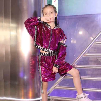 

Jazz Costumes Children Purple Sequined Top Shorts Cheerleader Clothing Girls Stage Performance Outfit Street Dance Wear DNV12599