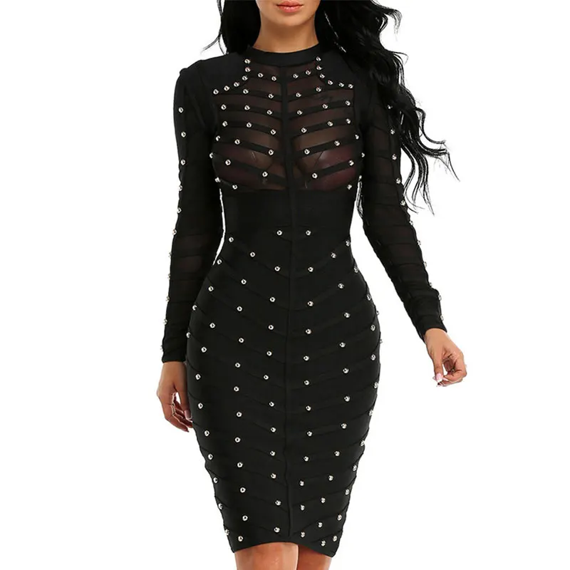 

Black Beade Bodycon Bandage Dress Women Vestidos 2019 Summer Sexy Elegant Black Long Sleeves Midi Celebrity Runway Party Dresses