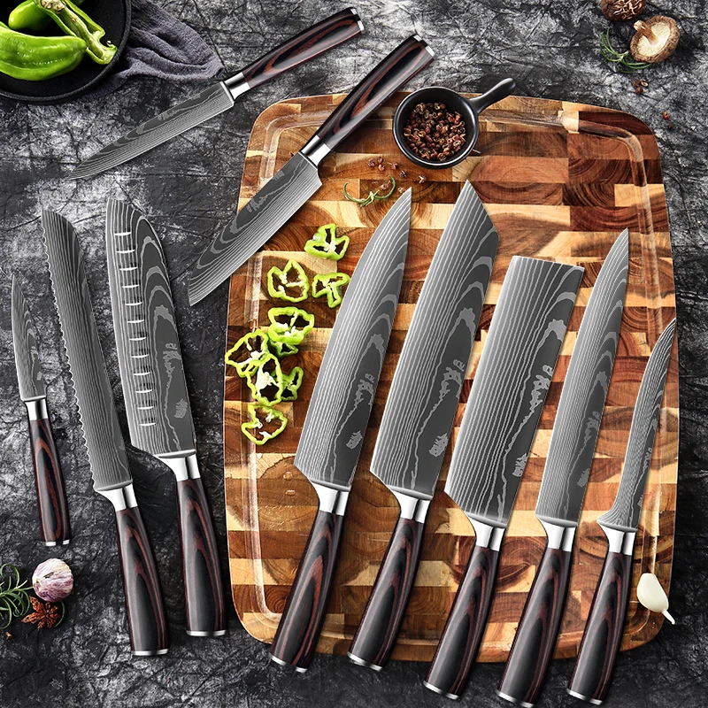 XITUO-Ensemble de couteaux de chef opaques de cuisine, motif laser Damas,  couteau Santoku ultra tranchant, couteau à fruits utilitaire, tranchage  Aleaver, 1 à 10 pièces