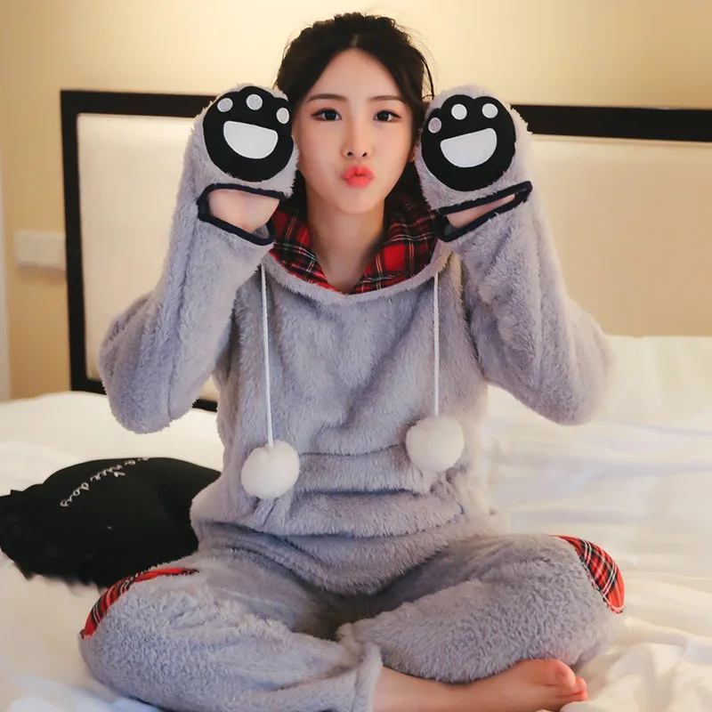 

Winter New Products Solid Color Plaid Berber Fleece Pajamas Suit Thick Warm Hooded Hand Warmer Hand-shaped Brush Women's Home We