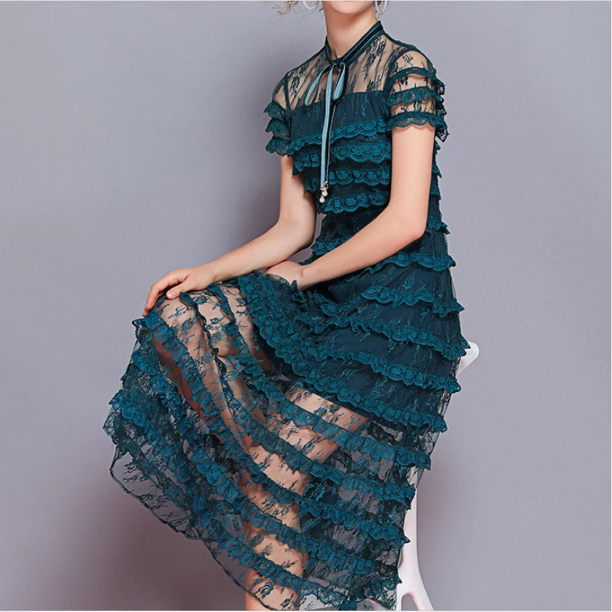 Новое дизайнерское длинное платье для торта, летнее кружевное платье в стиле пэчворк с каскадными оборками, Сексуальные вечерние платья с вырезами