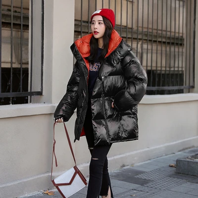 Зимняя Толстая теплая красная пуховая хлопковая парка, пальто для женщин, новинка, негабаритная Корейская Женская длинная хлопковая куртка, пальто для женщин - Color: Black