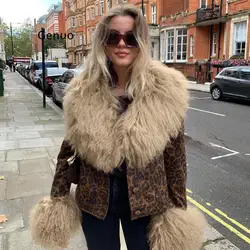 Leopard Print Plush Stitching Woven Single-Breasted Jacket Jacket Women Fall 2021 European and American Street Style New Style