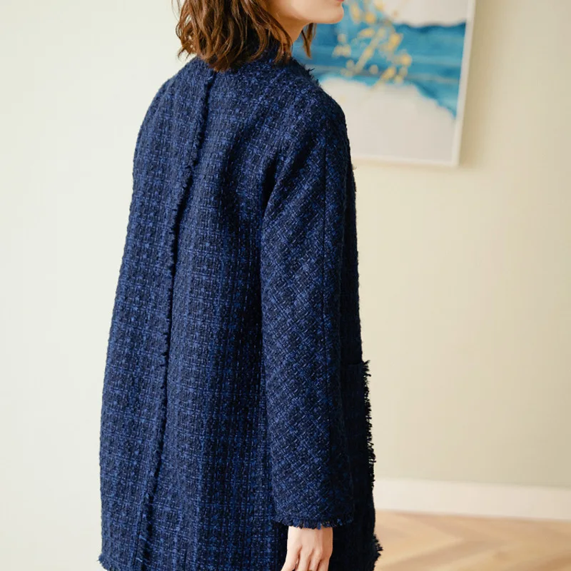New Blue tweed coat son of long female autumn winter fashion loose long coat
