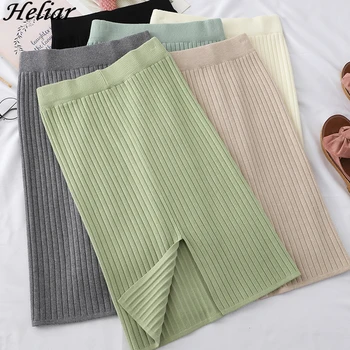 

HELIAR Cotton Straight Solid Fork Hem Midi Skirt High Waist Casual Loose Skirt 2019 Autumn Femme Stretches Waist Skirt For Women