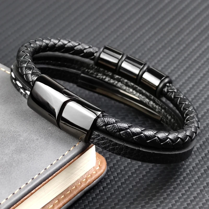 Charm Name Letter Customize Leather Breaclet for Women Men Stainless Steel Beads Braided Rope Wrist Bracelet Personalized bracelet jewelry