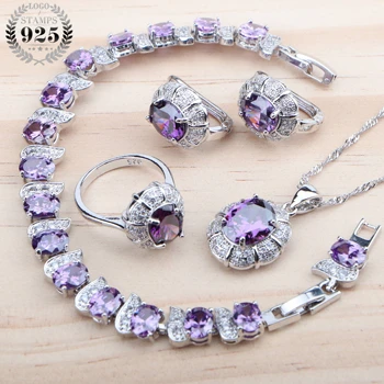 

Purple Zirconia Silver 925 Bridal Jewelry Sets For Women Earrings Wedding Jewelry Bracelet Ring Necklace Set