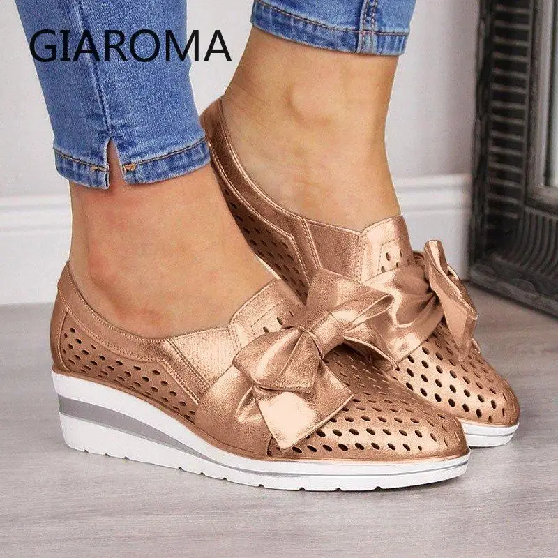 

Wedges Women Slip On Loafers Shoes Ladies Platform Flats PU Leather Point Toe Shoes Bow Shallow Cut out Heeled Plus Size 43