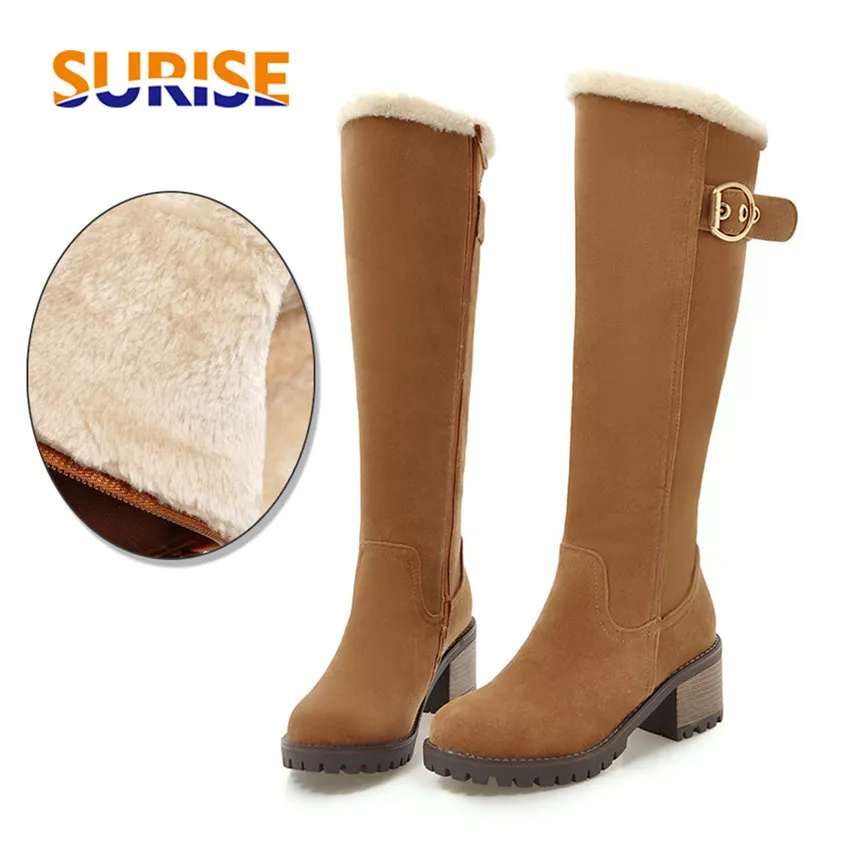 

Winter Women Knee High Snow Boots Black Brown Grey Flock Round Toe Square Heel Casual Lady Zipper Buckle Fur Platform Long Boots
