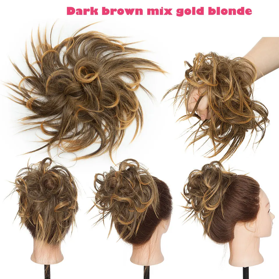 dark brown-144 S-noilite 7 дюймов грязный булочка взъерошенный шиньон эластичная лента шиньон волосы кудрявые резинки Updo покрытие синтетические волосы для женщин - Цвет: dark brown-144