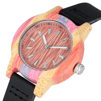 

Fashion Bamboo Wooden Watch Female Black Leather Band Dial Display Case Woman Watches Wristwatch Gift YISUYA reloj mujer