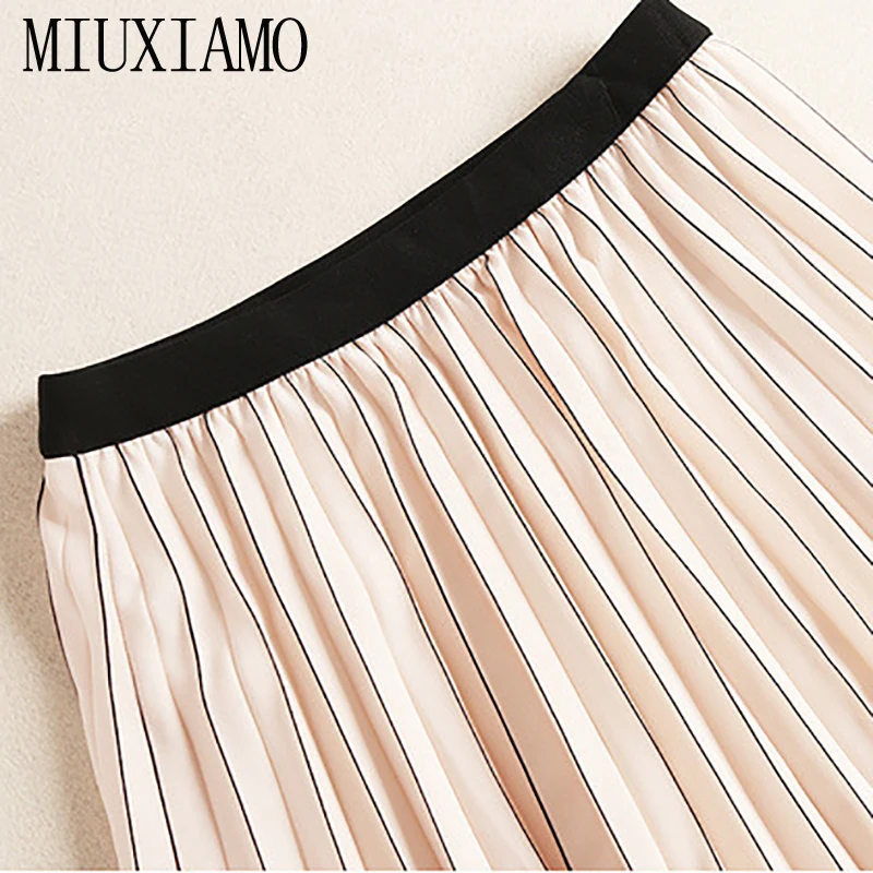 MIUXIMAO/ осенний офисный женский полосатый костюм-двойка, элегантный контрастный цвет, топ+ эластичная талия, роскошный плиссированный, средней длины, удлиненная юбка, костюмы