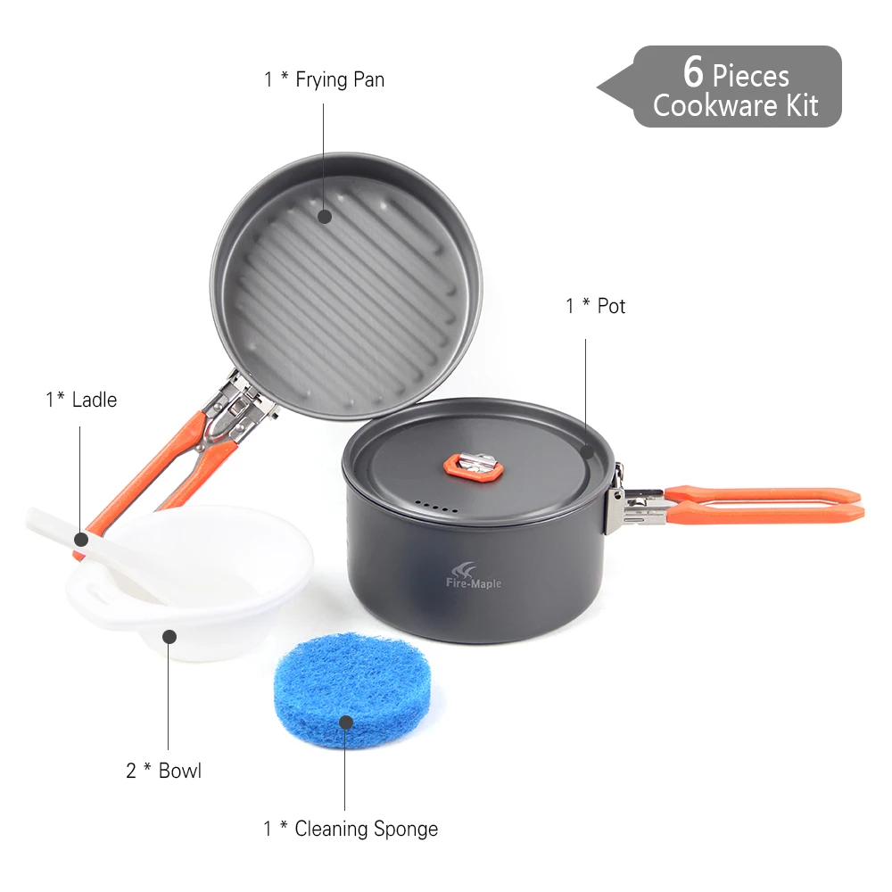 Outdoor Camping 7Pcs Cookware Set Hiking Backpacking Picnic Cooking Pot Frypan Kettle Set with Foldable Handle for 2- 3 People