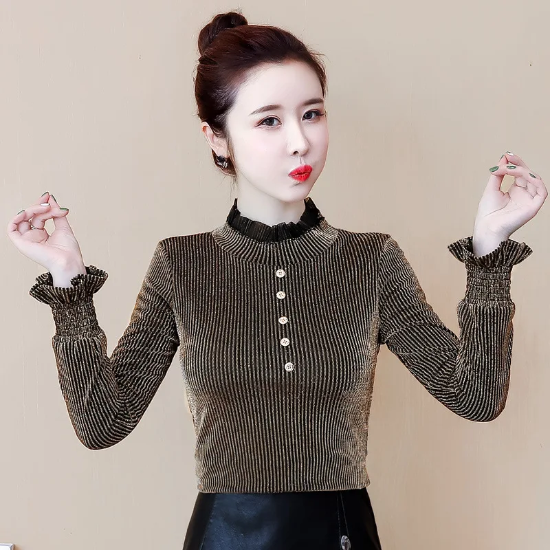 

Stripes Gold Lines Shirt Women's Dress Autumn And Winter 2019 New Style Versatile Slim Fit Base Shirt Frilled Stand Collar Long-