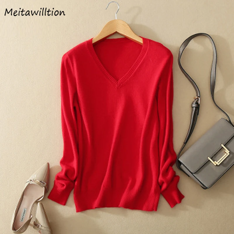 

2019 Autumn Women Cashmere Wool Knit Sweater Casual Long Sleeve V-Neck Solid Pullovers Ladies Vintage Slim Office Tops