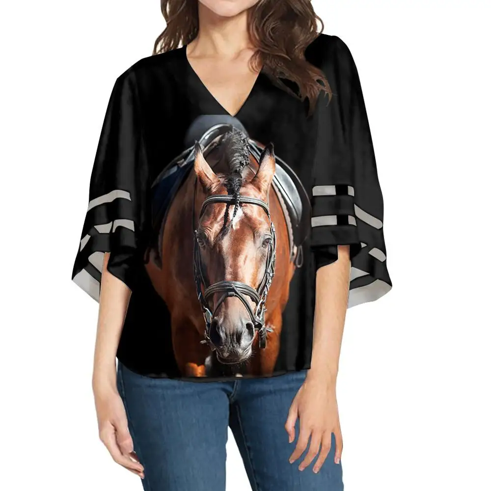 Woman Blouses Shirts Cute Horse Animal 3D Print Women's V Neck 3/4