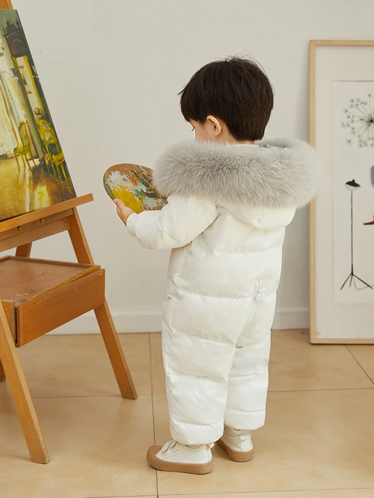 

Russian Winter Infant Baby Snowsuit Real Fox Fur Collar Kids Boys Girls Rompers White Duck Down Filling Thick Warm Down Coat