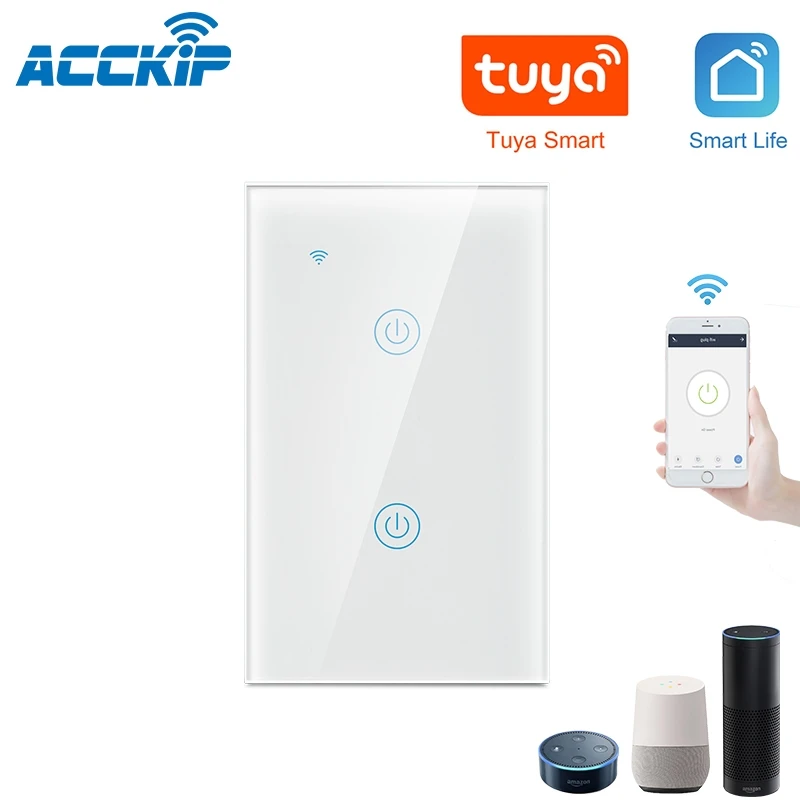 ACCKIP умный светильник, беспроводной настенный сенсорный переключатель, WiFi переключатель, совместимый с приложением Tuya Smart Life для IOS Android, стандарт США - Цвет: US 2 Gang