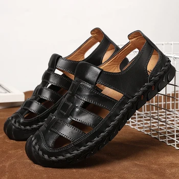 

2020 New Men Leisure Sandals Black Dark Brown Men Beach Sandals For Summer Big Size Men Walking Shoes Rubber Leather Sandals