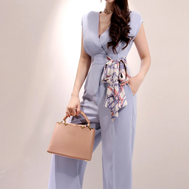 new arrival ladies fashion high quality summer beach v-neck jumpsuit high waist elegant work style trend long pant jumpsuit