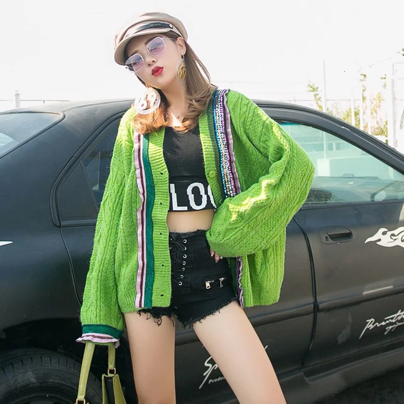 Vefadisa Sequin Cardigans Sweater Woman Winter Lace Patchwork Sweater Thick Casual Female Single Breasted Green QYF1007