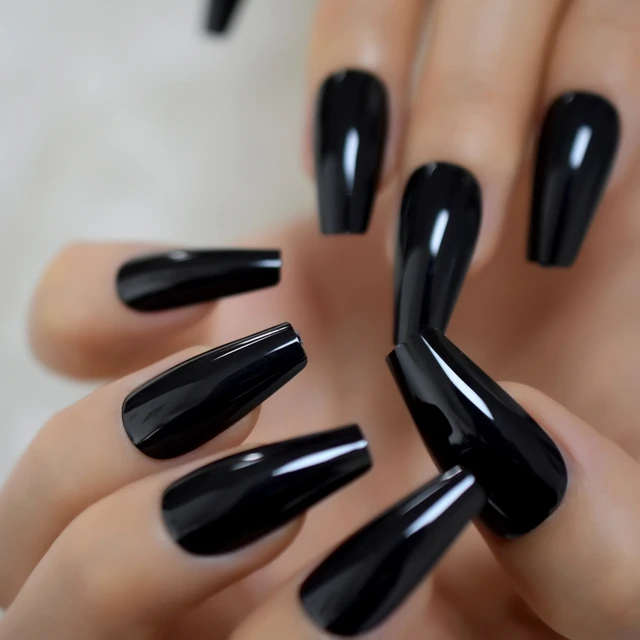 Black Tapered Coffin Nails Gelnails New Shape Solid Color Fake Nails Ladies  Fingernail Long 24 - False Nails - AliExpress