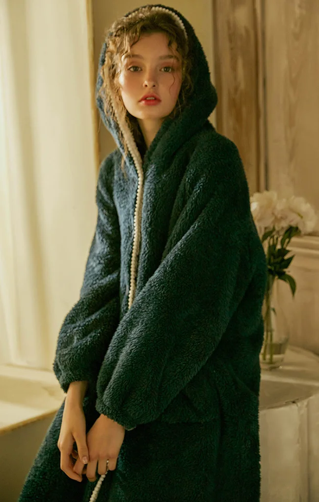 Осенне-зимняя женская одежда для сна, фланелевый Халат в стиле Лолиты, пижама с капюшоном, халат, утолщенная ночная рубашка, халат, домашняя одежда