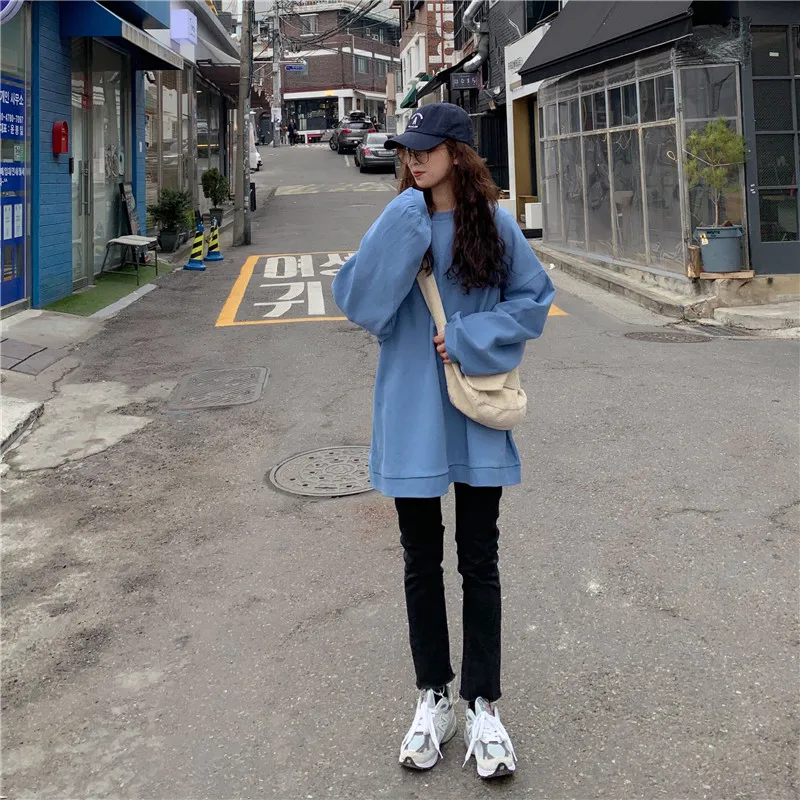 Зимний корейский ulzzang шикарный свободный Harajuku свитер с длинными рукавами ins простой сплошной цвет o-образным вырезом ins Повседневная Женская толстовка