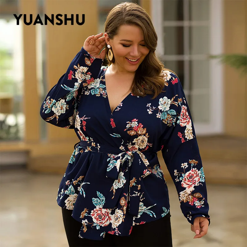YUANSHU цветочный принт размера плюс Топы Женские V шеи Пояса с длинным рукавом Блузка Мода дамы большой размер одежда XL-4XL