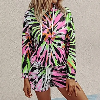 

hot Sale Summer Women's Pajamas Sets Tie-dyed Soft Fashion Female Print Colorful Two Pieces Shirt + Shorts Night Sleepwear