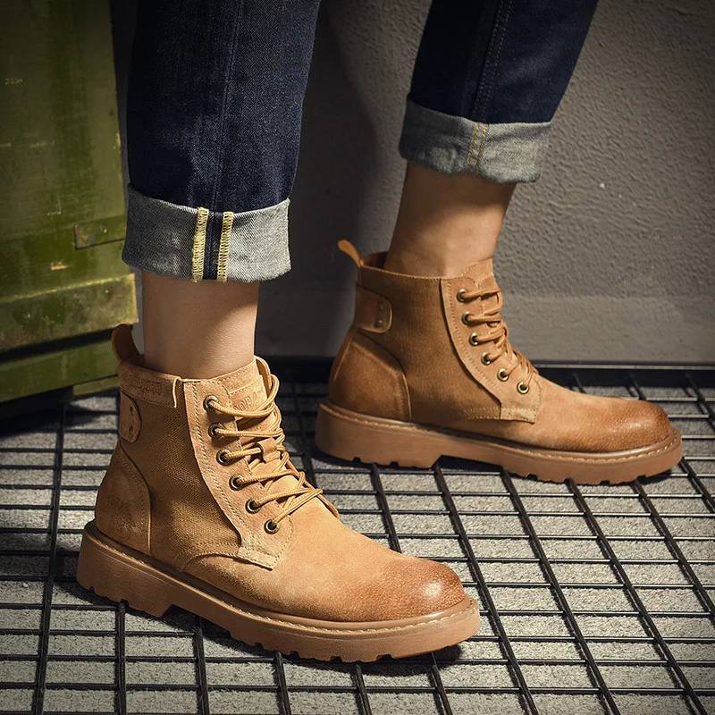 

Classics Fashion Men Chelsea Boots Leisure Solid Low Vintage Motorcycle Boots Ankle Round Toe Lace-Up Winter British Style Shoes