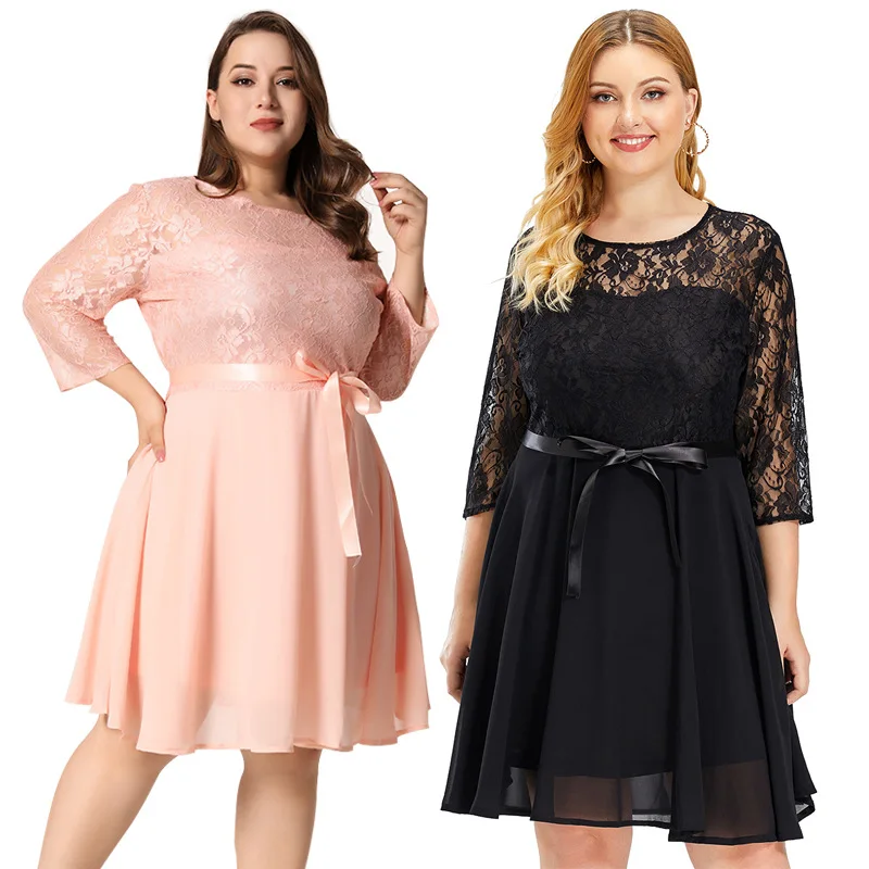 2020 autumn elegent women o-neck lace plus size knee-length dress XL-4XL | Женская одежда