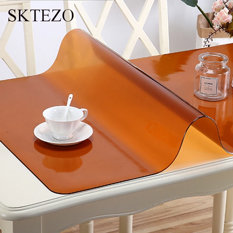 SKTEZO 1. 6mm High Quality Black Brown Rounded Edge PVC Frosted Soft Glass Tablecloth Anti-scalding Waterproof Coffee Tablecloth