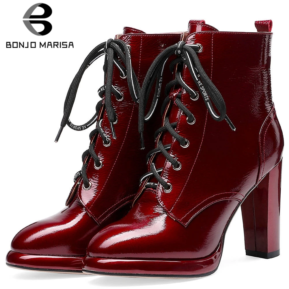 

BONJOMARISA Luxury High Quality Genuine Leather Ankle Boots Women 2020 lace-up Platform Booties 9 Cm High Heels Shoes Woman