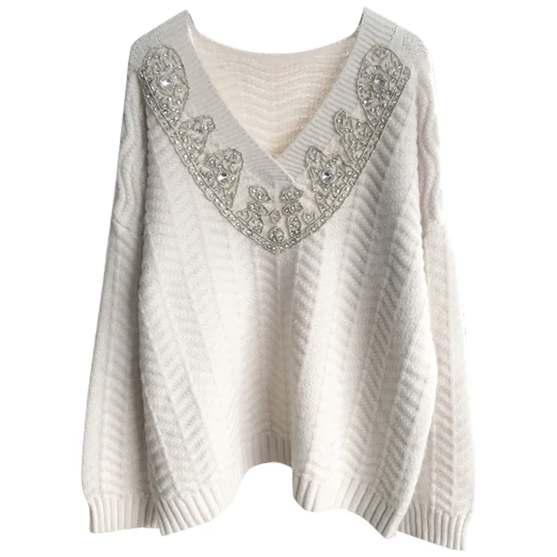 Heavy Industry Hand Nail Bead V-neck Pullover Sweater Women's